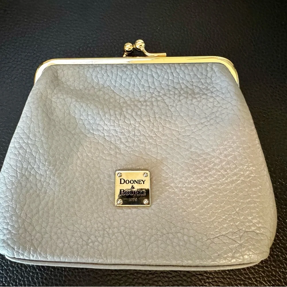 Dooney & Bourke Silver Kiss-Lock Leather Coin Purse. Pebble grain. 6in X 5in. - Picture 1 of 6